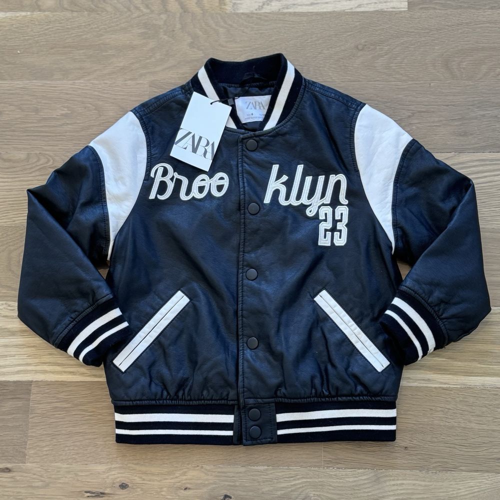 Zara Black & White Brooklyn Bomber Jacket Size 6 Youth Faux Leather‎